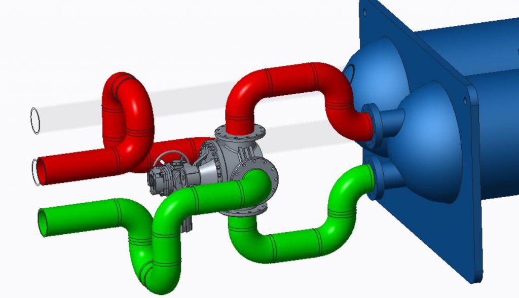 3D pipe layout for a 4-way valve in line with a chiller condenser.